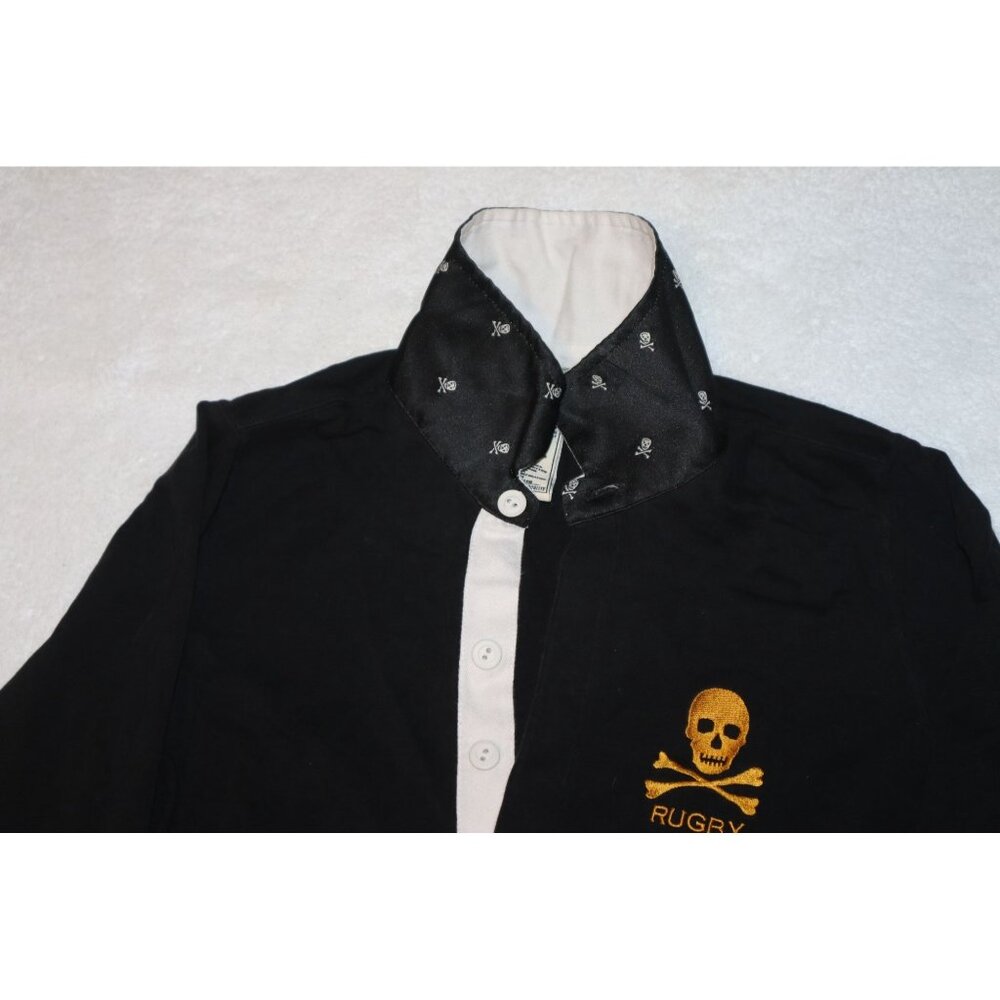Vintage Ralph Lauren Rugby Black Pullover Henley Skull Crossbones Button-Up L - Picture 3 of 10
